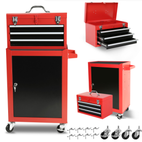 Rolling Garage Workshop Tool Organizer Detachable 3 Drawer Tool Chest With Large Storage Cabinet And Adjustable Shelf (Color: Red)