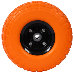 Heavy-Duty Flat Free PU Foam Tire And Wheel   4.10 X3.50-4, 10 Diameter, 5 8 Axle Bore Hole, 2.2 Offset Hub And Double Sealed Bearings For Hand Trucks (Color: Orange)